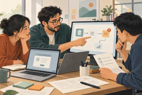 工程師與客戶團隊在工作桌前討論查單流程、操作筆電並確認驗收清單的概念插畫