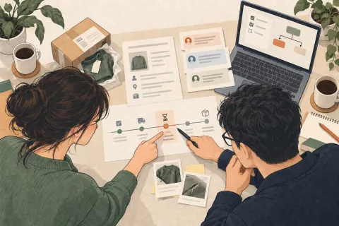 客服與工程師一起查看訂單、退貨照片與任務時間線，指出等待的環節