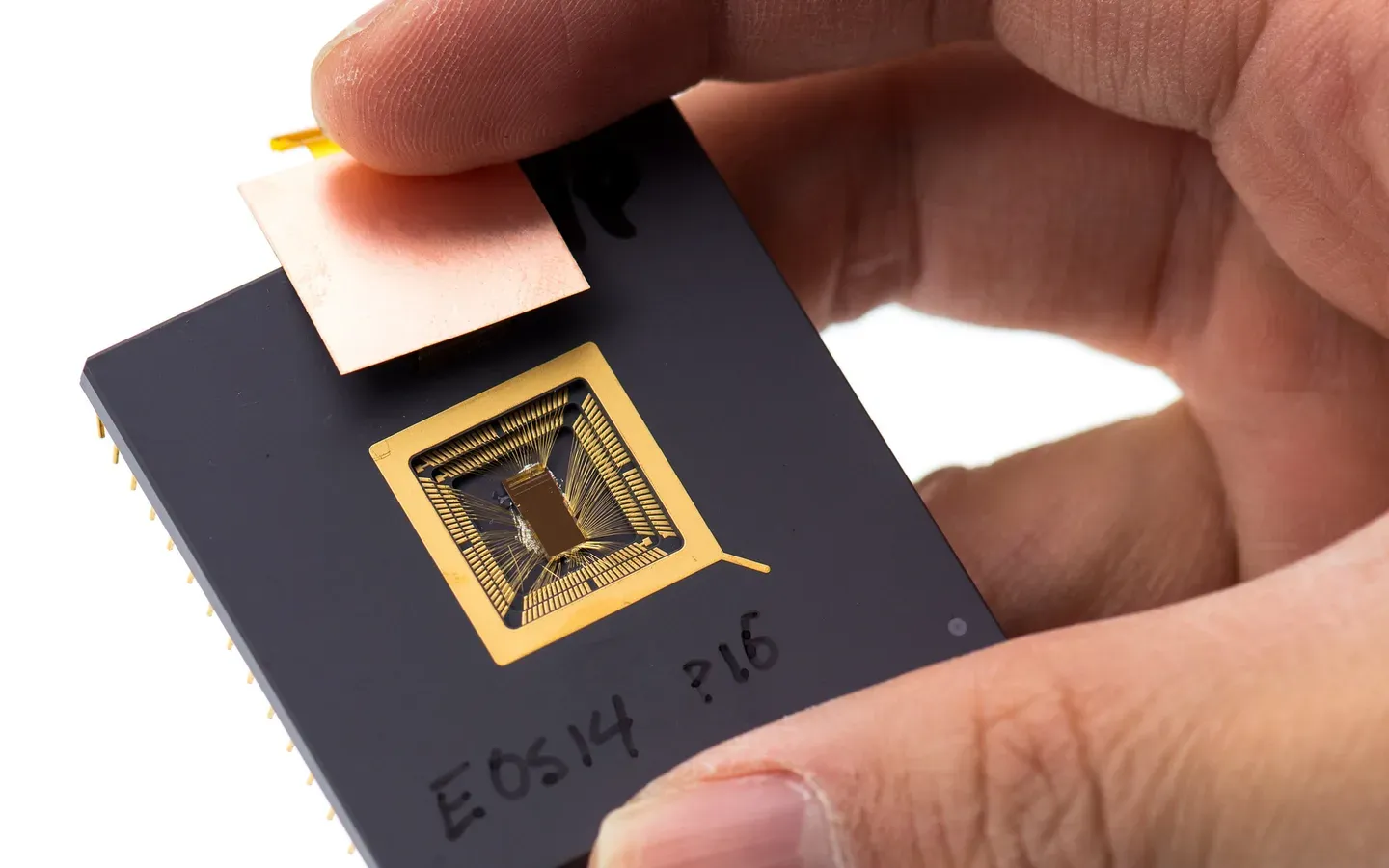 一隻手捏著黑色陶瓷封裝的 RISC-V 原型晶片,中央露出金色打線的晶粒