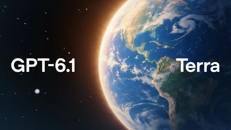 深色太空背景中被暖光環繞的地球,左右兩側寫著 GPT-6.1 與 Terra