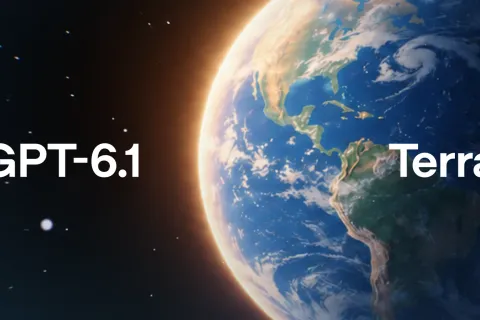 深色太空背景中被暖光環繞的地球，左右兩側寫著 GPT-6.1 與 Terra