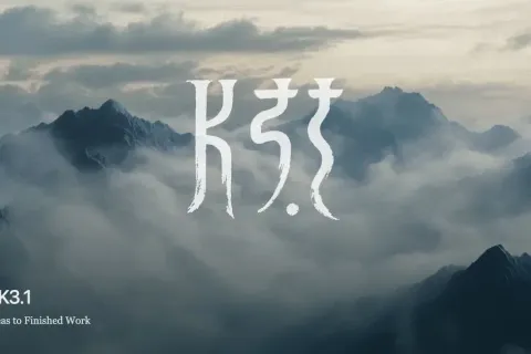 雲霧繚繞的山巒上方，白色筆觸的 K3.1 標誌，左下角寫著 Kimi K3.1 與 From Ideas to Finished Work