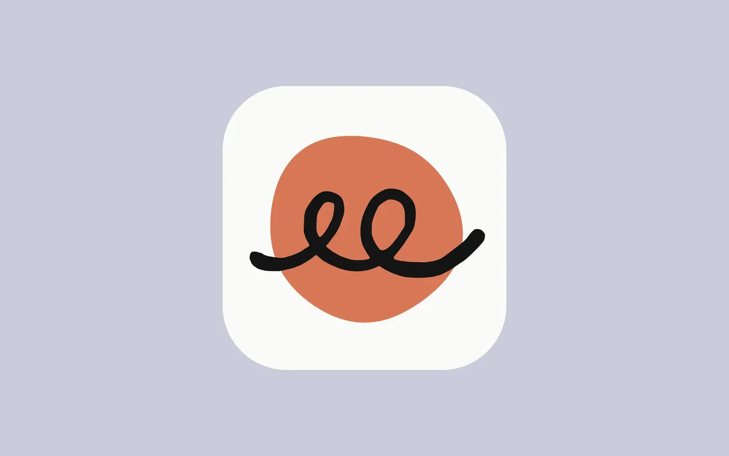 淺紫色背景上，一個白色圓角方形的 app 圖示，圖示裡有橘色圓形與黑色手繪連續線條