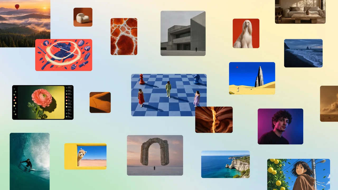 Canva Craft 的官方縮圖，淺藍到米黃的漸層底上散落著許多不同風格的生成圖：山景、獵犬、建築、衝浪者、棋盤上的人像等
