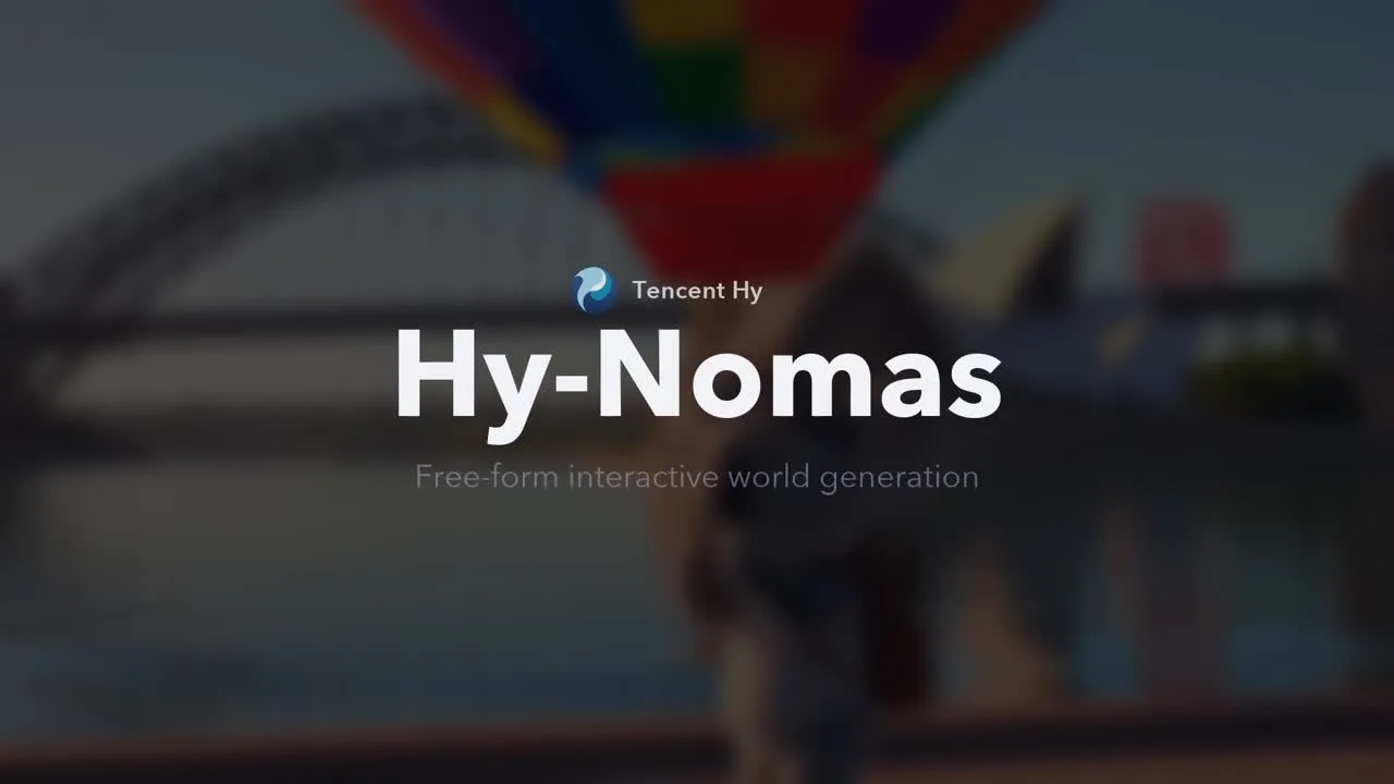 Hy-Nomas 專案頁預覽圖，模糊的熱氣球與港灣橋背景上，白字寫著 Hy-Nomas，下方一行 Free-form interactive world generation